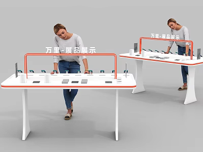 Modern Display Shelves Design for Product Exhibition with Table and Person Showcasing Items 3d model