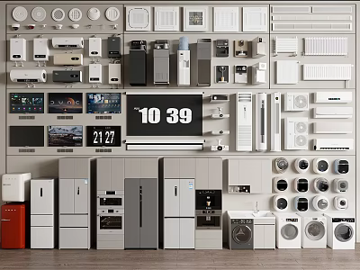 Assorted Home Appliances Display Wall Featuring Refrigerators Washers TVs Clocks And AC Units 3d model