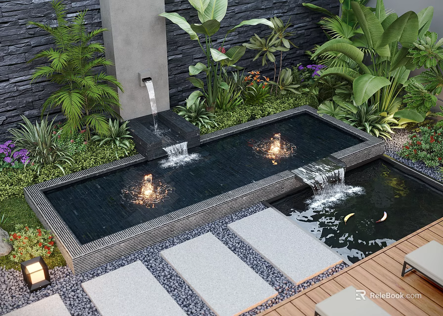 Serene Garden Water Features With Pools Waterfalls Lush Plants Stone Stepping Stones And Wooden Deck 3d model 