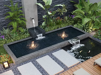 Serene Garden Water Features With Pools Waterfalls Lush Plants Stone Stepping Stones And Wooden Deck 3d model