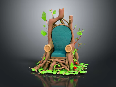Organic Tree Stump Leisure Chair With Blue Cushion Green Leaves And Red Berries 3d model