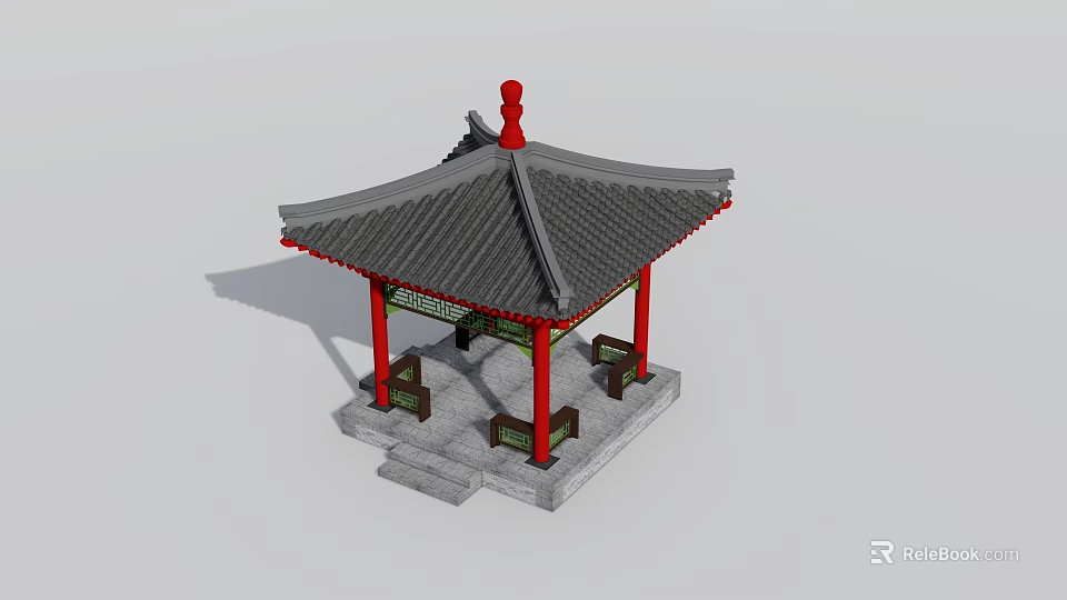 Ancient Chinese Pavilion With Red Pillars Gray Tiled Roof And Stone Benches 3d model 