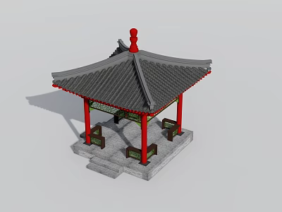 Ancient Chinese Pavilion With Red Pillars Gray Tiled Roof And Stone Benches 3d model