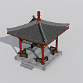 Ancient Chinese Pavilion With Red Pillars Gray Tiled Roof And Stone Benches
