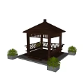 Wooden Gazebo With Brown Roof Railings Wooden Bench And Surrounding Plants In Garden