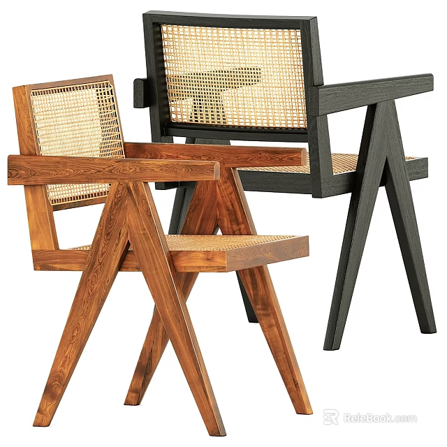 Wooden and Black Stools with Rattan Backrest Armrests and Crossed Leg Design 3d model 