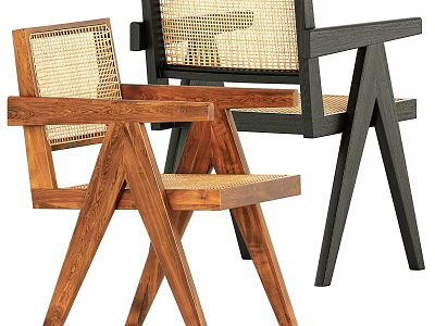 Wooden and Black Stools with Rattan Backrest Armrests and Crossed Leg Design 3d model