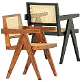 Wooden and Black Stools with Rattan Backrest Armrests and Crossed Leg Design