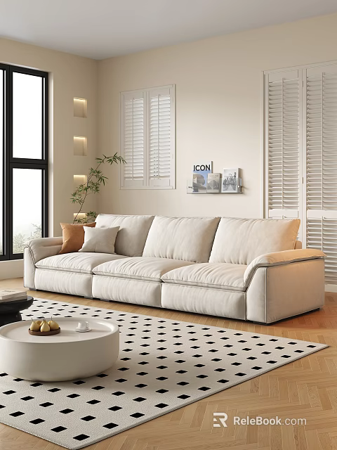 Beige Three Seater Sofa In Modern Living Room With Linen Decorative Wall Art And Plants 3d model 
