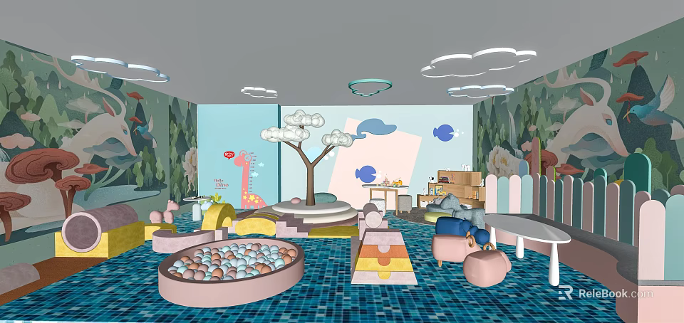 Colorful Kids Play Area With Ball Pit Cloud Ceiling Cartoon Wall And Blue Tiled Floor 3d model 
