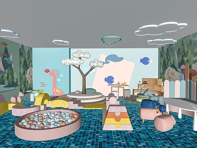 Colorful Kids Play Area With Ball Pit Cloud Ceiling Cartoon Wall And Blue Tiled Floor 3d model