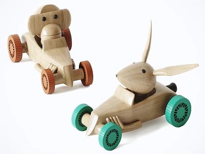 Electric Wooden Toys Puppy Rabbit Shaped Toy Cars With Brown And Green Wheels 3d model