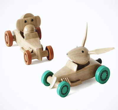 Electric Wooden Toys Puppy Rabbit Shaped Toy Cars With Brown And Green Wheels 3d model