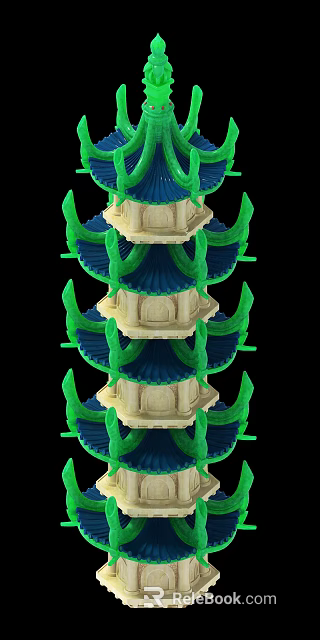Traditional Multi Layered Pagoda Tower With Green Blue Layered Eaves And Decorative Elements 3d model 