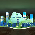 Green Development Exhibition Area with Valley Mountain Decor Blue Columns and Green Plants