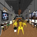 Modern Café Interior with Bricked Wall Wooden Floor Colorful Chairs and Hanging Lights