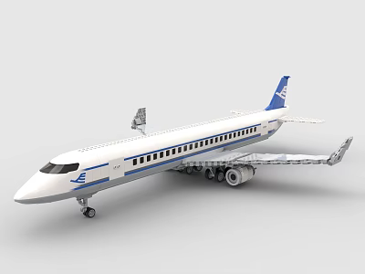Building Block Airplane Model With White Body Blue Tail Detailed Wings And Landing Gear 3d model