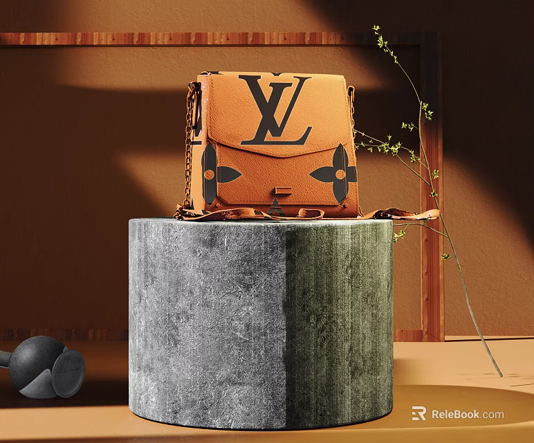 LV Orange Leather Crossbody Bag on Gray Cylindrical Stand with Green Plant Accents 3d model 