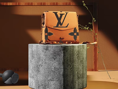 LV Orange Leather Crossbody Bag on Gray Cylindrical Stand with Green Plant Accents 3d model