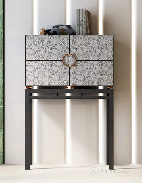 Modern Entryway Console Cabinet With Marble Pattern Panels And Round Metal Handles 3d model 