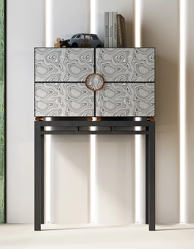 Modern Entryway Console Cabinet With Marble Pattern Panels And Round Metal Handles 3d model