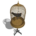 Decorative Birdcage Ornament Set With Black Bird And Golden Metal Stand