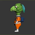 3D Green Alien Creature Character Wearing Orange Outfit With Blue Straps And White Gloves