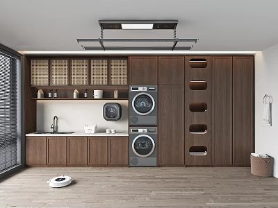 Modern Home Balcony With Washing Machine Storage Cabinets And Drying Rack 3d model