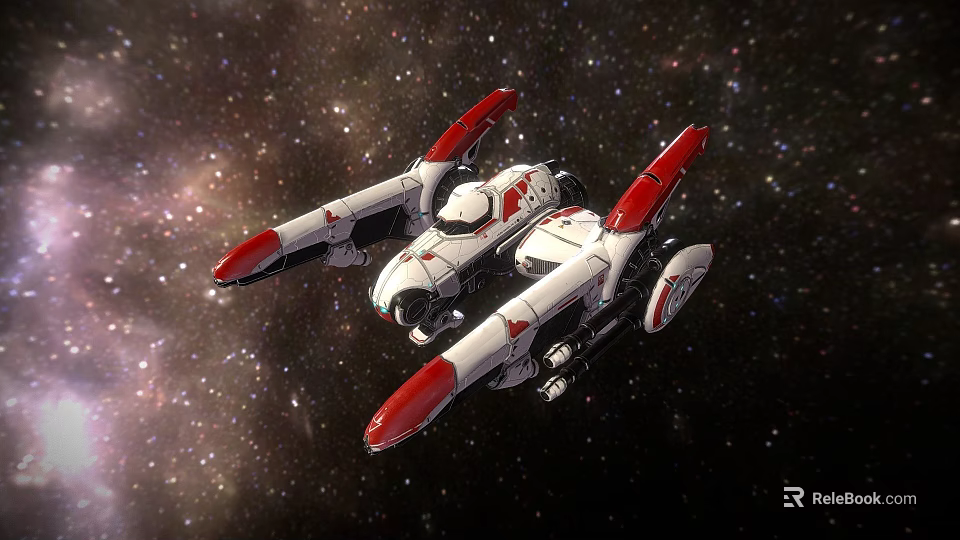 Futuristic White And Red Spaceship Flying In Starry Outer Space 3d model