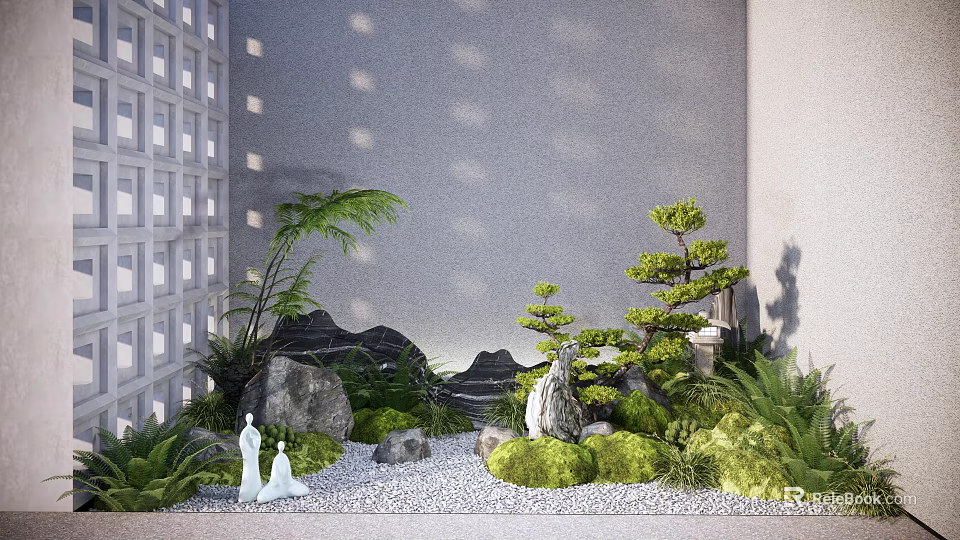 Japanese Courtyard Garden With Rock Formations Lush Plants Two White Figurines And Sunlight Shadows 3d model 