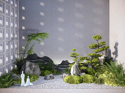 Japanese Courtyard Garden With Rock Formations Lush Plants Two White Figurines And Sunlight Shadows 3d model