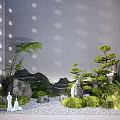 Japanese Courtyard Garden With Rock Formations Lush Plants Two White Figurines And Sunlight Shadows