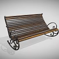 Outdoor Bench with Brown Wooden Slats and Black Curved Metal Scroll Legs