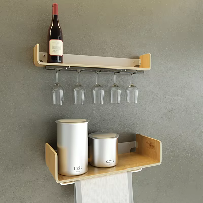 Wine Bottle And Glasses On Wall Mounted Shelf With Metal Canisters Against Gray Wall 3d model