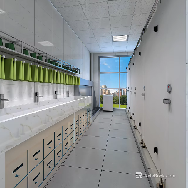 Modern Restroom Interior With Marble Sink Counter Green Curtains And Stalls 3d model 
