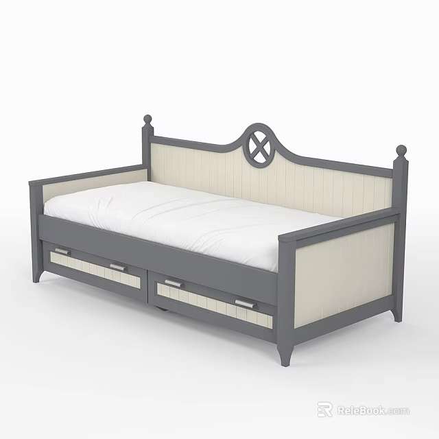Simple Gray And Beige Single Bed With Decorative Headboard And Storage Drawers 3d model
