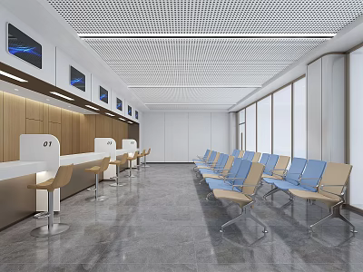 Hospital Outpatient Clinic Modern Bright Waiting Area with Service Counter Blue Beige Chairs Wall Screens 3d model