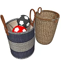 Blue Striped And Natural Woven Storage Baskets With Leather Handles For Toys