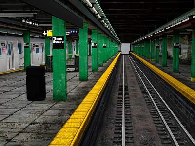 Modern Times Square Subway Station Platform With Green Pillars Yellow Safety Lines And Train Tracks 3d model