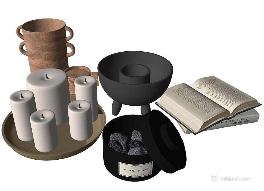 Decorative Ornament Set With Candles Clay Pot Black Bowl Open Book And Tray 3d model 