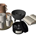 Decorative Ornament Set With Candles Clay Pot Black Bowl Open Book And Tray