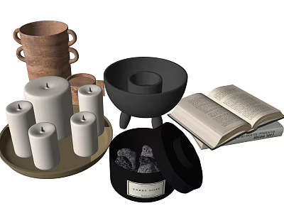 Decorative Ornament Set With Candles Clay Pot Black Bowl Open Book And Tray 3d model
