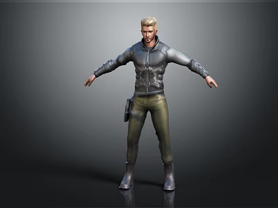Realistic 3D Male Character Model Wearing Gray Jacket Green Pants And Boots With Arms Outstretched 3d model