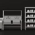 Modern Stainless Steel Kitchenware With Workbench Sink And Shelves Holding Bowls
