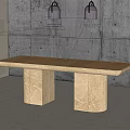 Modern Dining Table With Wooden Tabletop Marble Legs And Pendant Lights Against Gray Wall