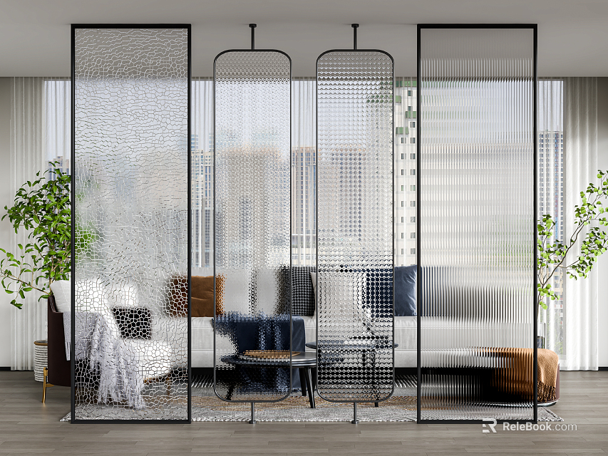 Modern Textured Glass Room Divider Design For Stylish Living Room Interior With Sofa And Plants 3d model 