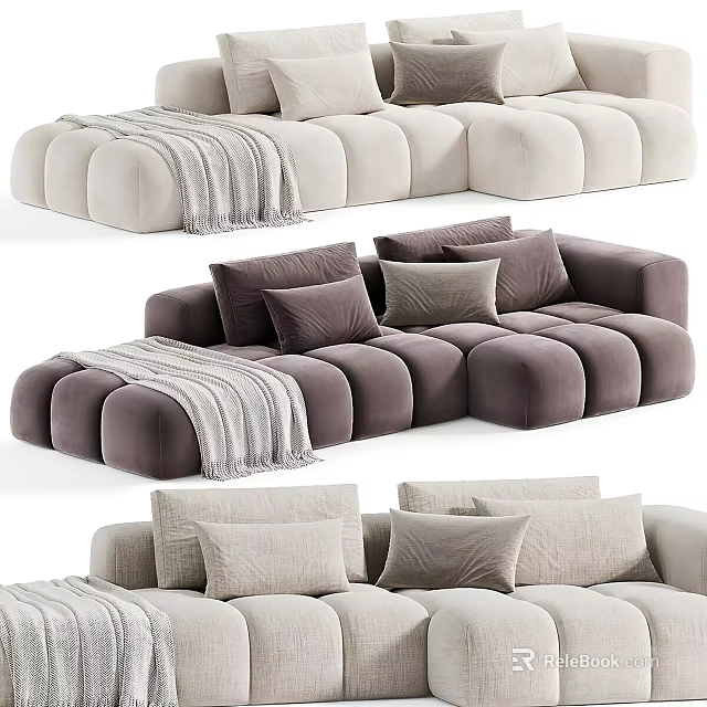 Modern Plush Sofa and Coffee Table Set With Soft Pillows And Cozy Blanket 3d model 