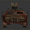 Rusty Red Military Vehicle With Mounted Machine Gun And Spiked Front Design