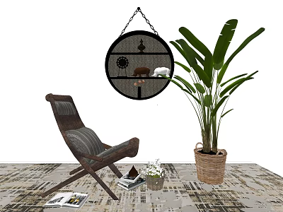 Comfortable Lounge Chair In Room With Potted Plant Round Mirror And Magazines On Rug 3d model