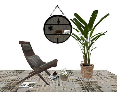 Comfortable Lounge Chair In Room With Potted Plant Round Mirror And Magazines On Rug 3d model